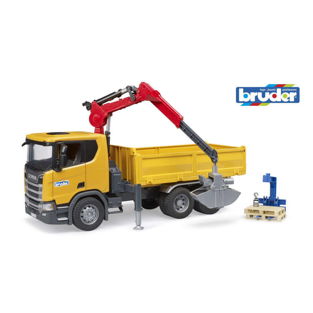 CONSTRUCTION TRUCK SCANIA SUPER 560R WITH CRANE AND 2 PALLETS - BRUDER (BR03551)