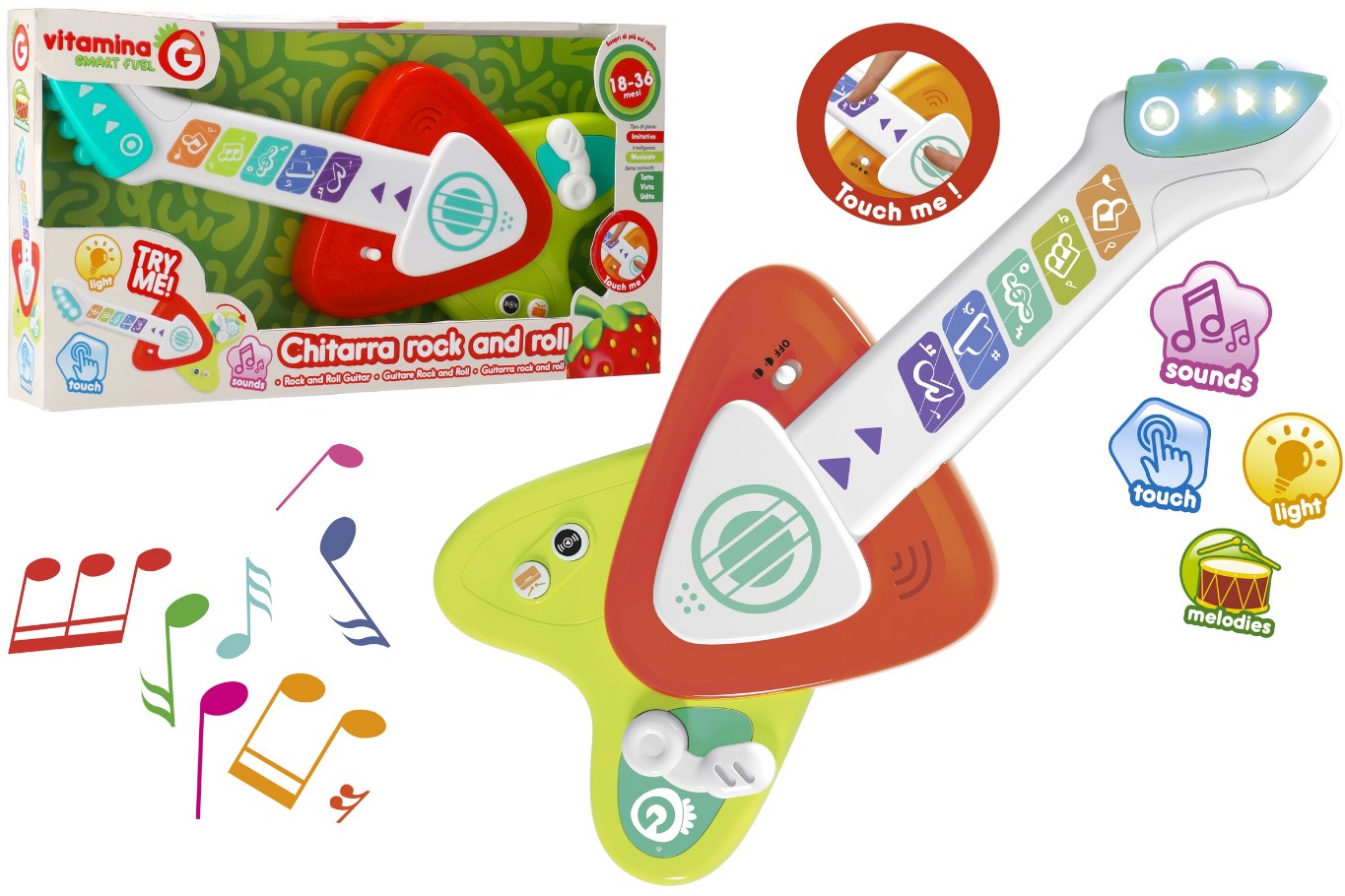 JUCARIE INTERACTIVA SI MUZICALA PENTRU BEBELUSI, CHITARA CU CLAPE TOUCH MULTICOLORE, GLOBO VITAMINA G, SUNETE DIVERSE INSTRUMENTE MUZICALE, BUTON ON/OFF, BUTON REDARE INREGISTRARE, VOLUM REGLABIL, LUMINI - GLOBO (GL05614)