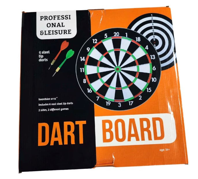 TINTA DE DARTS DIN PLUTA CU 2 FETE, CU 6 SAGETI INCLUSE, VARF DE METAL, 38 CM DIAMETRU - VAN DER MEULEN (VDM2005907)