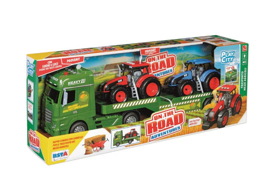 CAMION CU FRICTIUNE TRANSPORT AGRICOL, DOUA TRACTOARE INCLUSE, CU SUNETE SI LUMINI - RS TOYS (RS11628)